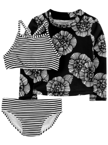 בגד ים 3 חלקים פרח שחור לבן