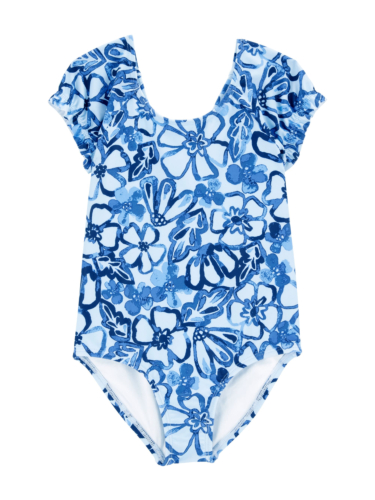 בגד ים שלם קצר כחול פרחים