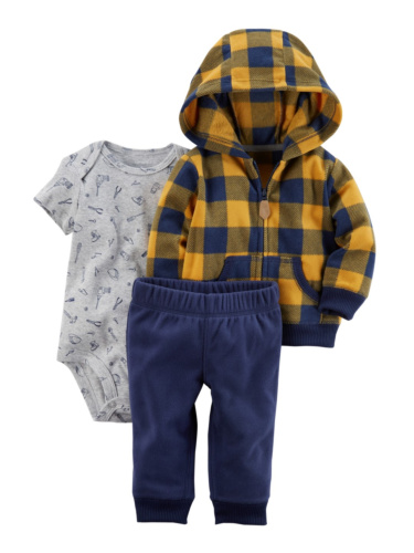 סט 3 חלקים קרדיגן פליז משובץ