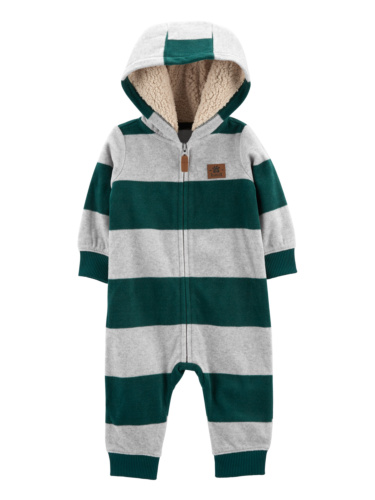 אוברול פליז ללא רגלית פסים ירוק אפור